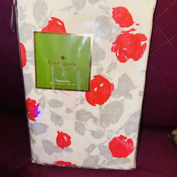 KATE SPADE NEW YORK Tablecloth - Garden Rose - Grey/Coral - Oblong - 60" x 120" - Picture 1 of 2